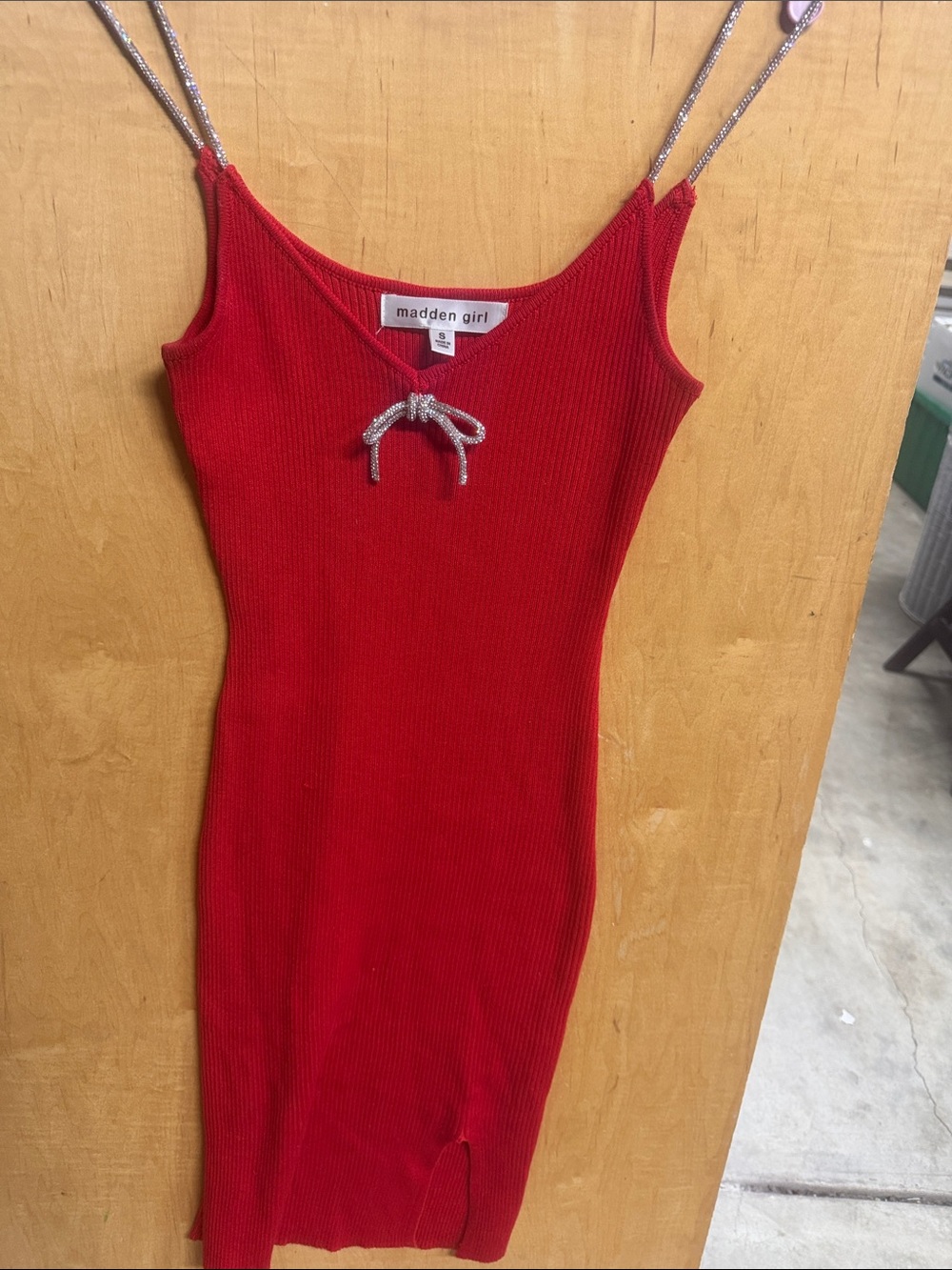 Madden Girl Red Ribbed Bodycon Slip Dress with Sparkling Silver Strap & Bow